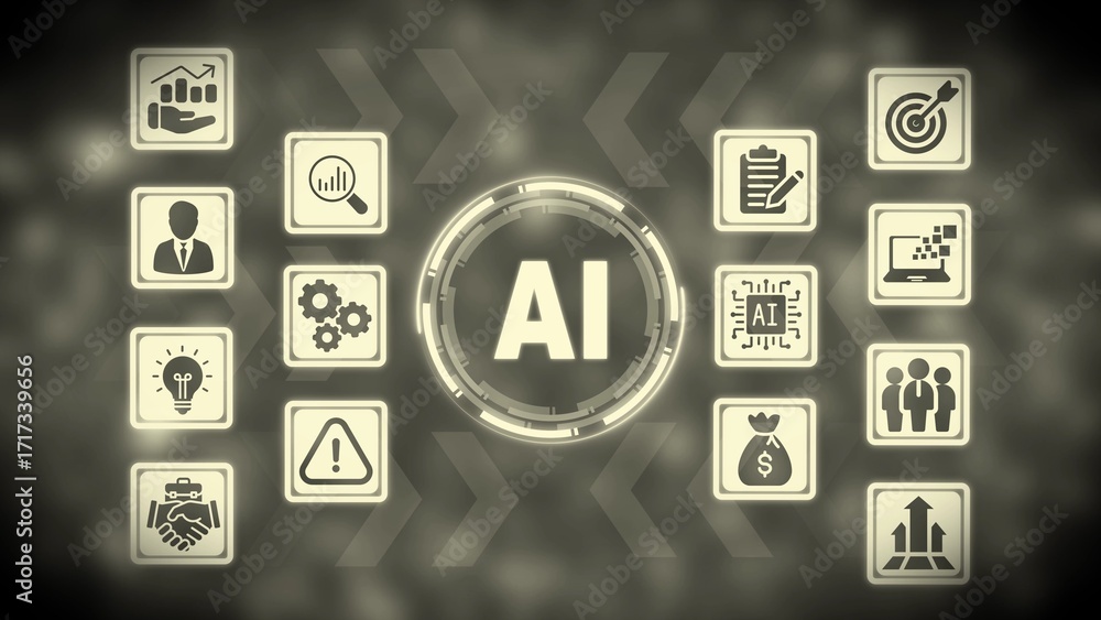 Poster sepia toned digital ai icons arranged around central ai text with blurred background artificial inte