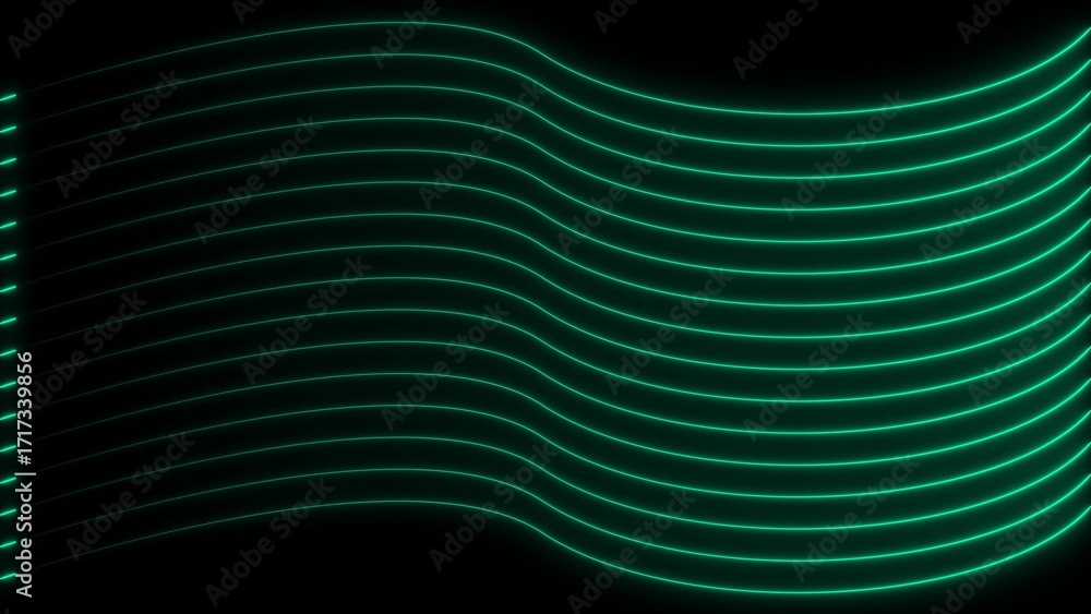 Poster wavy green neon lines forming a pattern against black background abstract background curve curved