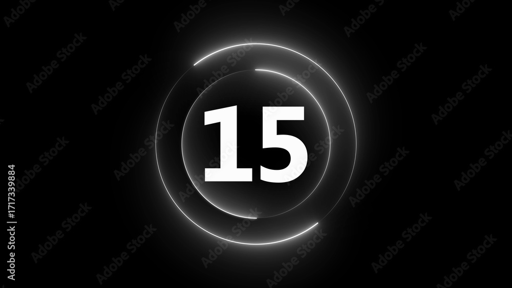 Poster white neon circle with number 15 countdown timer on black background fifteen