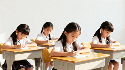Four schoolgirls in uniform writing at desks in a classroom