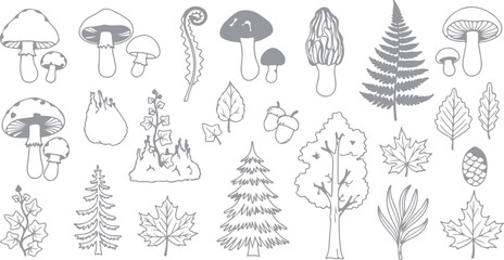 Botanical Collection of Forest Elements Featuring Mushrooms Ferns Trees and Leaves in Gray Line Art Illustration for Print and Digital Designs Nature Inspired Theme