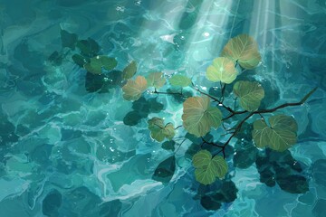 Sunbeams pierce a turquoise pool, highlighting a branch with leaves submerged beneath the water's surface.