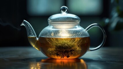 Steaming glass teapot filled with golden herbal infusion, creating a warm, inviting atmosphere for relaxation and wellness.