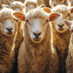 Close-up of sheep in a herd, bathed in sunlight