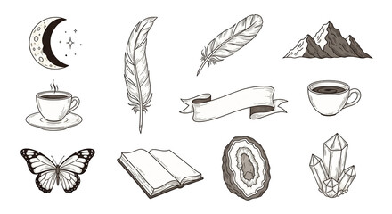 Collection of dark fantasy elements isolated on transparent background