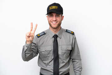 Young safeguard caucasian man isolated on white background smiling and showing victory sign
