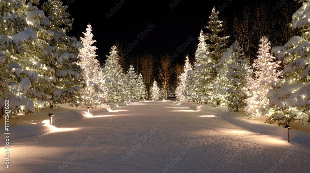 Poster serene winter landscape featuring pathway lined with snow covered pine trees illuminated by soft whi