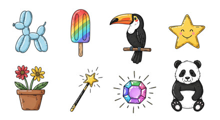 Collection of colorful cartoon objects isolated on transparent background