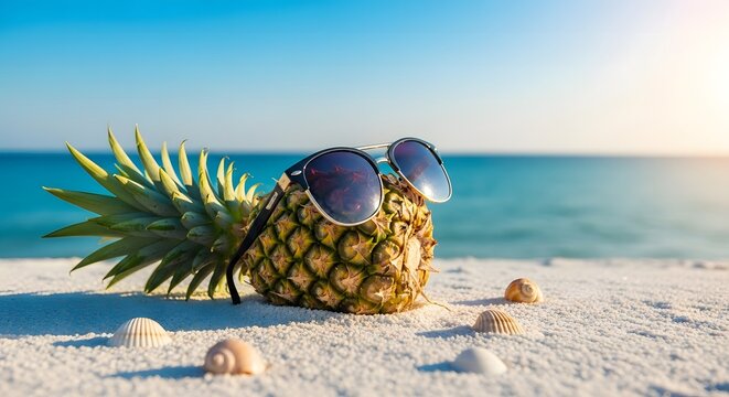 Pineapple with sunglasses relaxing on sandy beach by tropical ocean waters