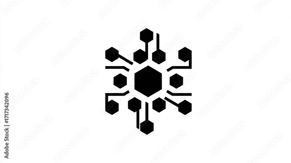 Poster geometric black icon design of connected shapes with a hexagonal center on white