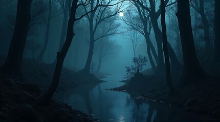 Mysterious, misty forest at night, illuminated by a pale moon.