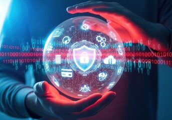 Hands holding a glowing sphere with security icons and binary code, representing cybersecurity and data protection