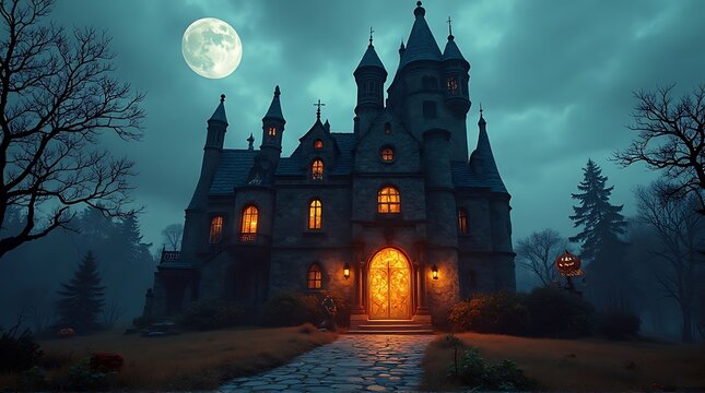 A gothic castle illuminated at night under a full moon, silhouetted trees and a dark sky.