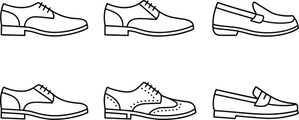 Six outline icons of different men's dress shoes and loafers Keywords: men's shoes, dress shoes, loafers, footwear, fashion