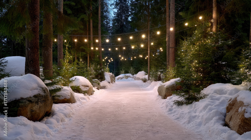 Poster serene snowy forest path illuminated by glowing lights creates magical atmosphere. trees are adorned
