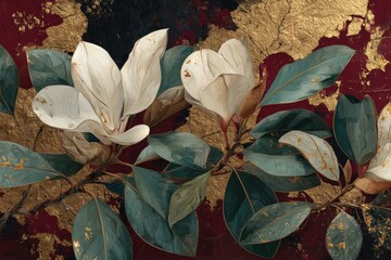 Delicate magnolia blossoms with rich burgundy and gold accents adorn a textured background.