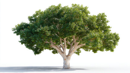 Obraz premium Sycamore tree with wide canopy stands isolated against white background, showcasing its lush green leaves and sturdy trunk, evoking sense of tranquility and nature beauty