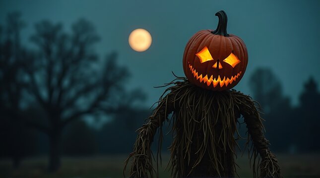 Halloween scarecrow with carved pumpkin head, illuminated at night, spooky autumnal scene.