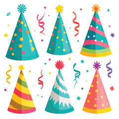 Six colorful party hats with different designs, confetti and streamers scattered around them.