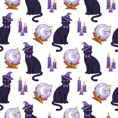 Mystic Witchcraft Seamless Pattern with Black Cat, Crystal Ball and Candles. Divination Background for Occult Gift Wrap, Halloween Textile, Dark Wallpaper and Magic Theme Design