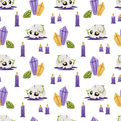 Mystical Seamless Pattern with Skull, Magic Crystals and Candles. Occult Repeat Background for Textile, Gift Wrap, Wallpaper and Dark Design
