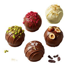 Obraz premium Five diverse gourmet chocolate truffles with unique toppings, varied dark, milk, white, ruby chocolate coatings, gold dust, cocoa nibs, on seamless transparent, premium product photography concept