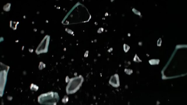 Shattered glass vase explosion on black background with flying glass shards, destruction.