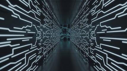 Futuristic digital tunnel with glowing circuitry and infinite data flow