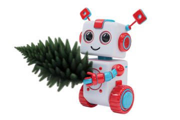 A Delightful Festive Robot Cheerfully Carrying a Miniature Christmas Tree, Ready for the Holiday Season
