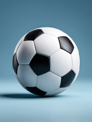 Fototapeta premium Classic soccer ball on a bright blue background with a smooth gradient creating an eye-catching visual for sports themes and designs
