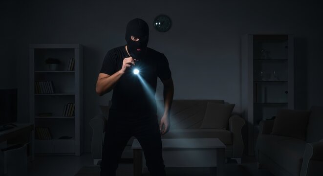 Caucasian man in a balaclava holding a flashlight inside a dark room. Home insecurity, burglary, robbery concept for crime prevention.