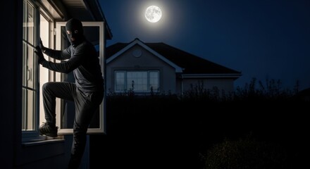 Male thief wearing a balaclava mask climbing through an open window of a house at night. Burglary and home invasion concept.