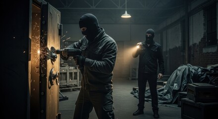 Man in balaclava drilling into a bank vault. Thief attempting to crack secure safe with power tool. Illegal heist, crime concept.