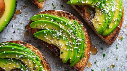 Three slices of avocado bread with sesame seeds on top