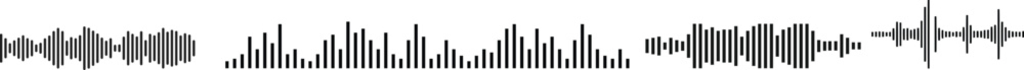 Black podcast sound wave patterns with varying amplitude bars for audio visualization and media interfaces. Digital frequency lines on white bg for music players, recording apps or broadcast design.