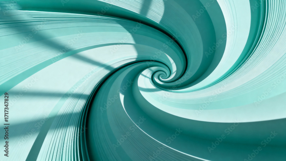 Wall mural abstract spiral pattern in teal and white with smooth flowing curves and light reflections