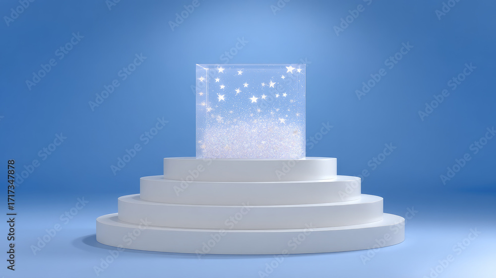 Aufkleber frosty podium with sparkling illuminated cube sits against blue background, creating magical and enc