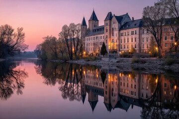 Obraz premium Sunset lakeside reflection of a romantic castle at dusk