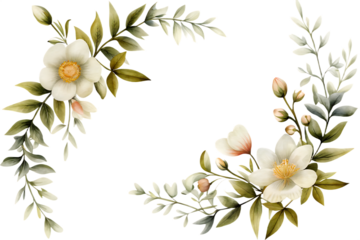 White Flower and Leafy Corner Accents with Transparent Background spring watercolor isolated on a transparent background
