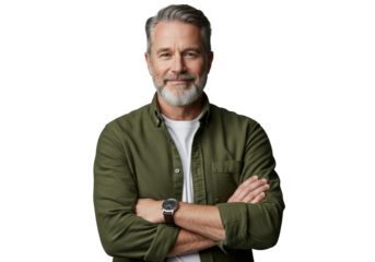 Middle-aged caucasian man, grey hair/beard, olive green shirt over white tee, silver watch, stands confidently with arms crossed, smiling in a clean studio with soft light, corporate portrait concept