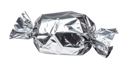 Crumpled metallic wrapping, likely a candy or confectionery item isolated on solid white background Png