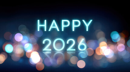 Obraz premium Happy 2026 illuminated in glowing blue and silver tones, surrounded by soft bokeh effect, creates festive and celebratory atmosphere perfect for welcoming new year