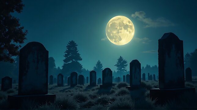 Spooky graveyard at night under a full moon.