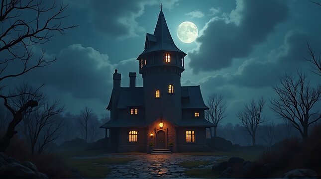 Spooky, dark, gothic mansion under a full moon at night.