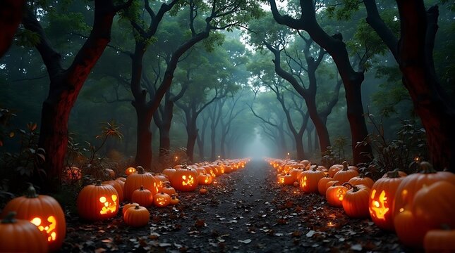 Spooky Halloween path lined with illuminated pumpkins in a misty forest.