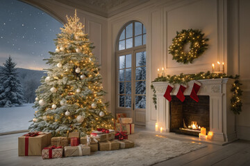 Festive Christmas tree and decoration in an inviting cozy magical room