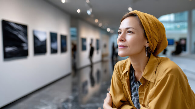 A woman in a stylish headscarf gazes thoughtfully at artwork in a modern gallery, exploring the connection between art and emotion in a contemporary setting.