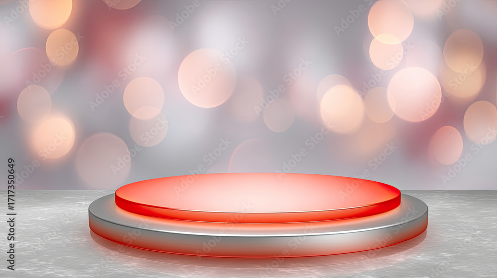 Poster glowing red and silver podium set against blurred background of soft bokeh lights creates festive an