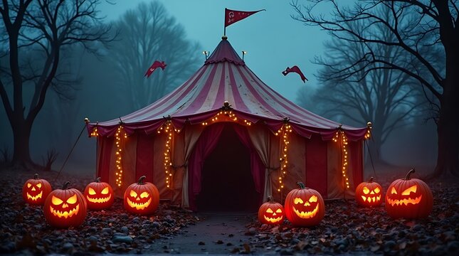 Spooky Halloween circus tent in a misty forest at twilight.