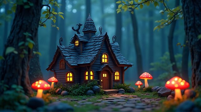 A miniature, fairytale-like house nestled in a mystical forest at night, lit by glowing mushrooms.